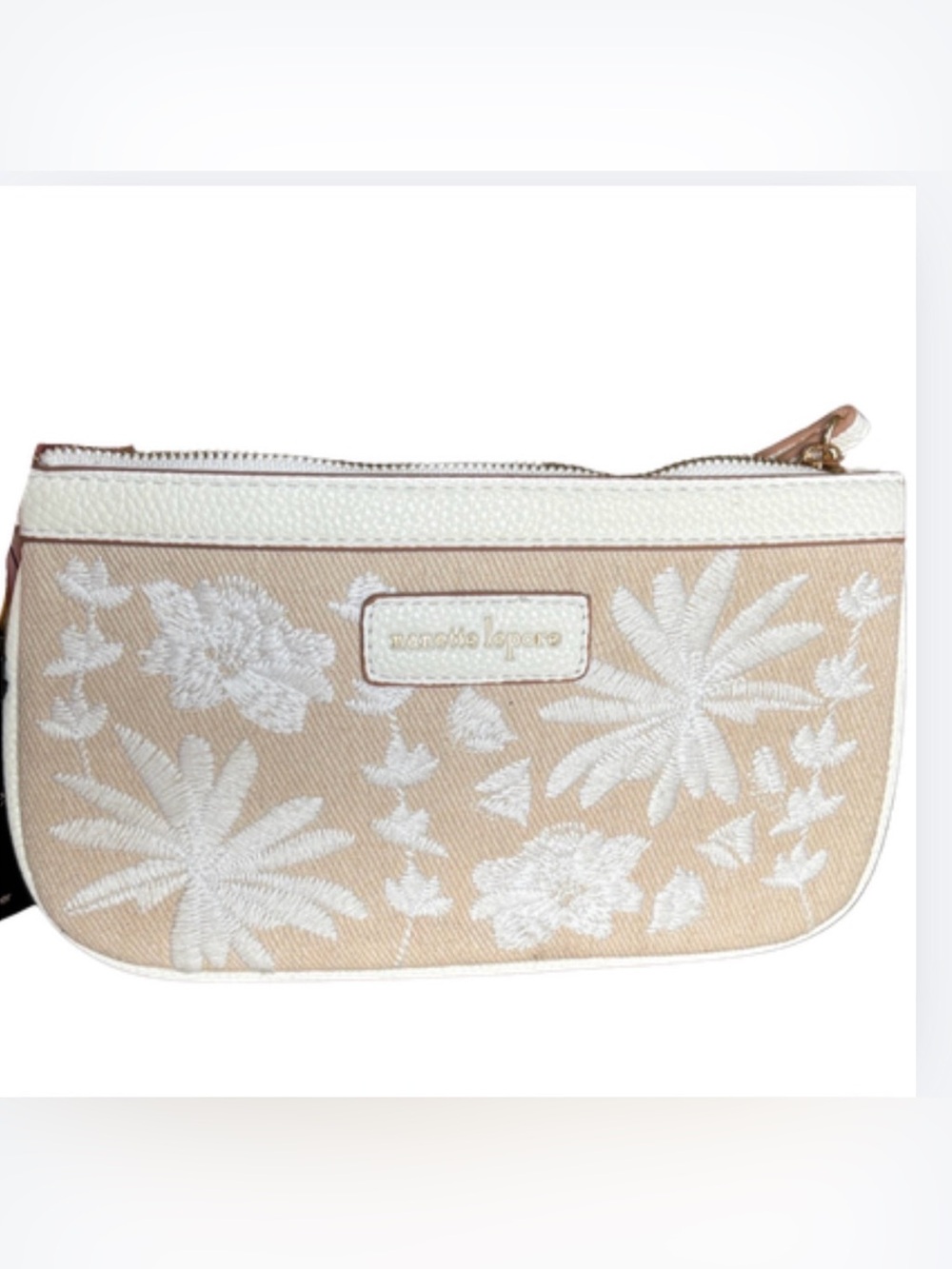 Nanette Lepore Floral Embroidered Clutch in Cream and Tan